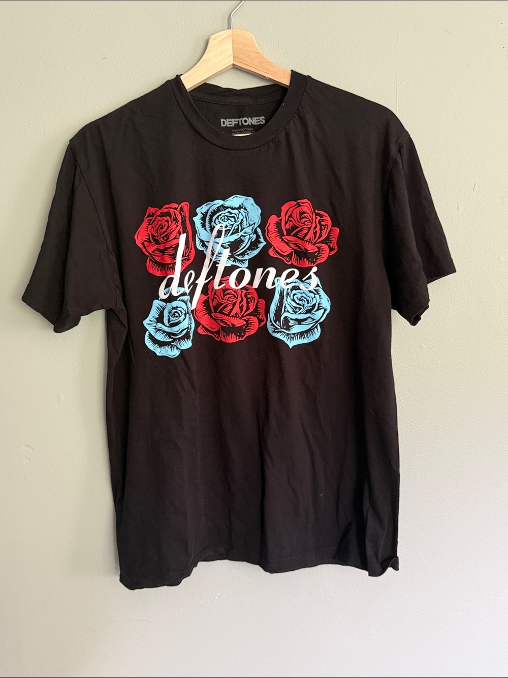 Deftones Women’s Black Short Sleeve Tee with Red & Light Blue Rose Print